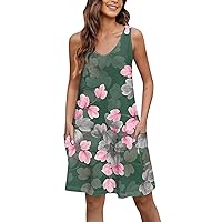 Beach Vacation Dresses Bohemian Dress for Women 2024 Summer Fashion Print Pretty Slim Fit Dress Sleeveless V Neck Dresses with Pockets Pink 3X-Large