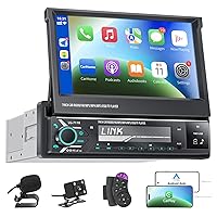 Hexahedron Single Din Car Stereo with Apple Carplay and Android Auto, 7 Inch Flip Out Touchscreen, Backup Camera, Bluetooth, FM, AUX, TF Card, Steering Wheel Remote