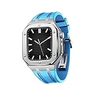 for Apple Watch Band 45mm 44mm Men Women Metal Protective Cover Case with Silicone Strap Shockproof Bumper Full Coverage Protective case (Color : Silver Sky Blue, Size : 45MM for 7)