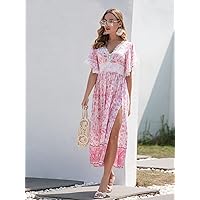 Women's Dress Floral & Paisley Print Guipure Lace Panel Butterfly Sleeve Split Thigh Dress (Size : Small)