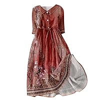 Women's Fashion Vintage Floral Print Lapel Button Three Quarter Sleeves Boho Dress 2024 Trendy Beach Sundress