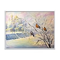 Rustic Birds on A Tree In Winter Village - Farmhouse Framed Canvas Wall Art Print