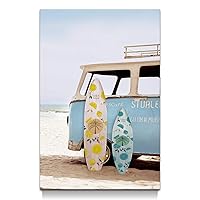 Coastal Beach Canvas Wall Art: Tropical Hawaii Ocean Painting Surfboard Prints Surfer Picture Vintage Seaside Van Artwork for Bathroom Bedroom Living Room