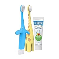 Dr. Brown's Infant to Toddler Giraffe and Blue Elephant Toothbrushes with Baby Toothpaste, Strawberry 1.4oz