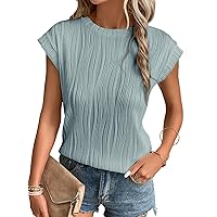 EVALESS Womens Short Sleeve Textured Tops Crewneck Knit Solid Loose Casual Basic T Shirts Tee Blouses