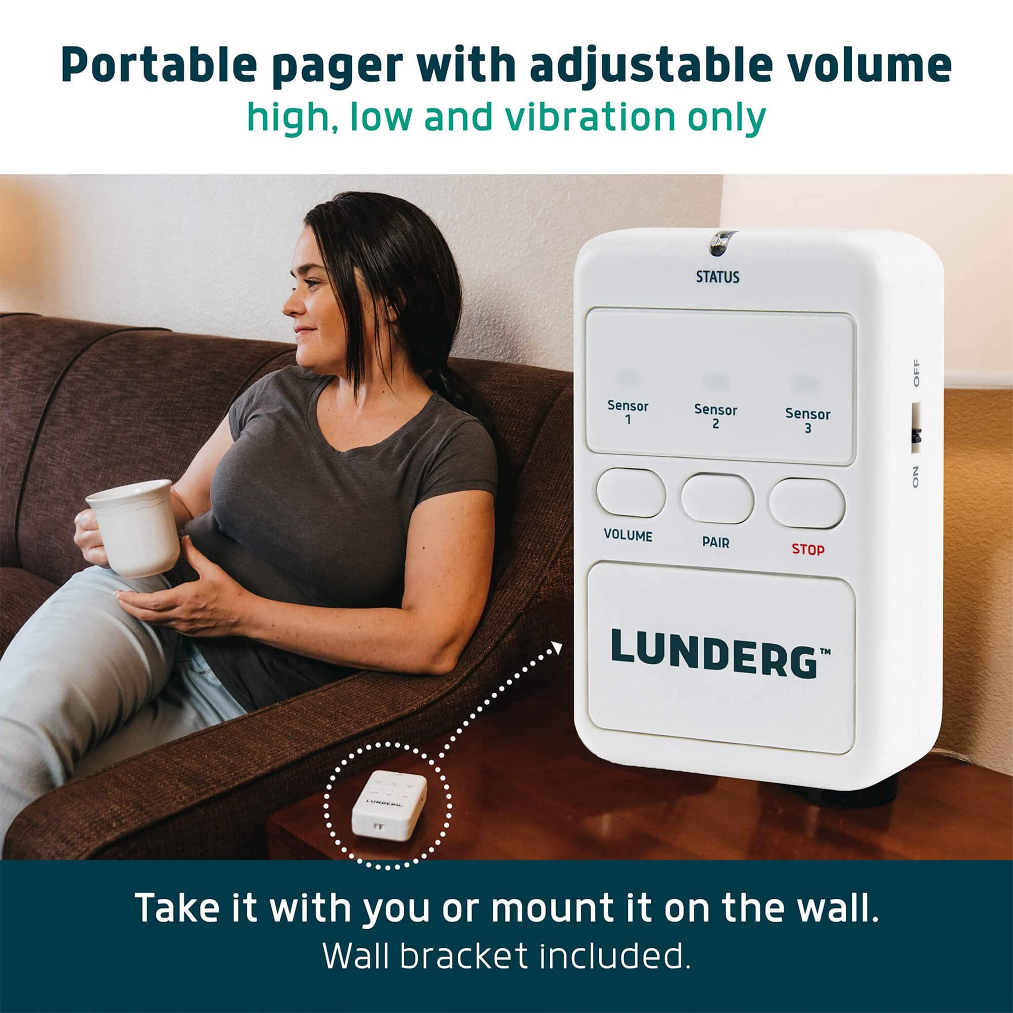 Lunderg Early Alert Bed Alarm System with 2 Wireless Sensor Pads, 1 Pager & 1 Call Button - Elderly Monitoring Kit with Pre-Alert Smart Technology - Bed Alarms and Fall Prevention for Elderly