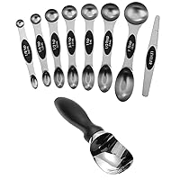 Spring Chef Stainless Steel Magnetic Measuring Spoons, Set of 8 & Premium Stainless Steel Ice Cream Scoop - 2 Product Bundle - Black