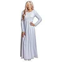 Women's Modest White Full Length Long Sleeve Special Occasion Dress with Lace Bodice and Empire Waist