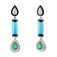 Genuine Diamond Emerald, Turquoise, & Black Onyx Gemstone Chandelier Earrings Solid 14K White Gold Wedding Earrings
