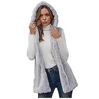 Women's Faux-Fur Sleeveless Mid-Length Hooded Jacket Vest Warmer Outwear Polar Fleece Sherpa Vest