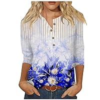 3/4 Sleeve Shirts for Women V Neck Floral Blouse 3/4 Length Sleeve Womens Tops Dressy Casual T-Shirt Graphic Tees