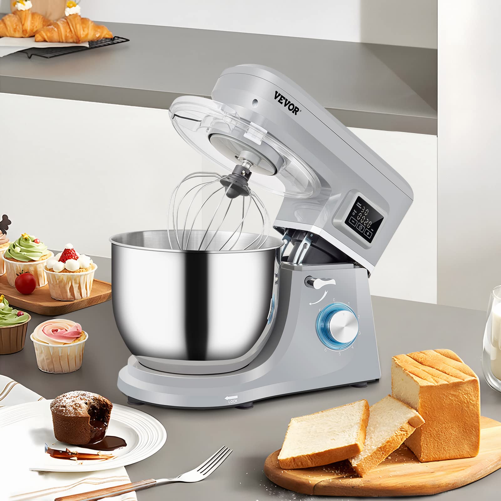 VEVOR Stand Mixer, 660W Electric Dough Mixer with 6 Speeds LCD Screen Timing, Tilt-Head Food Mixer with 7.4 Qt Stainless Steel Bowl, Dough Hook, Flat Beater, Whisk, Scraper, Splash-Proof Cover - Gray