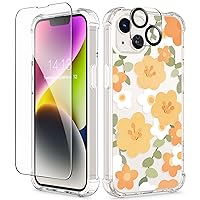 GVIEWIN for iPhone 14 Case Floral, with Screen Protector + Camera Lens Protector,[Non Yellowing] Soft Shockproof Clear Phone Protective Cover for Women, Flower Pattern Design 6.1