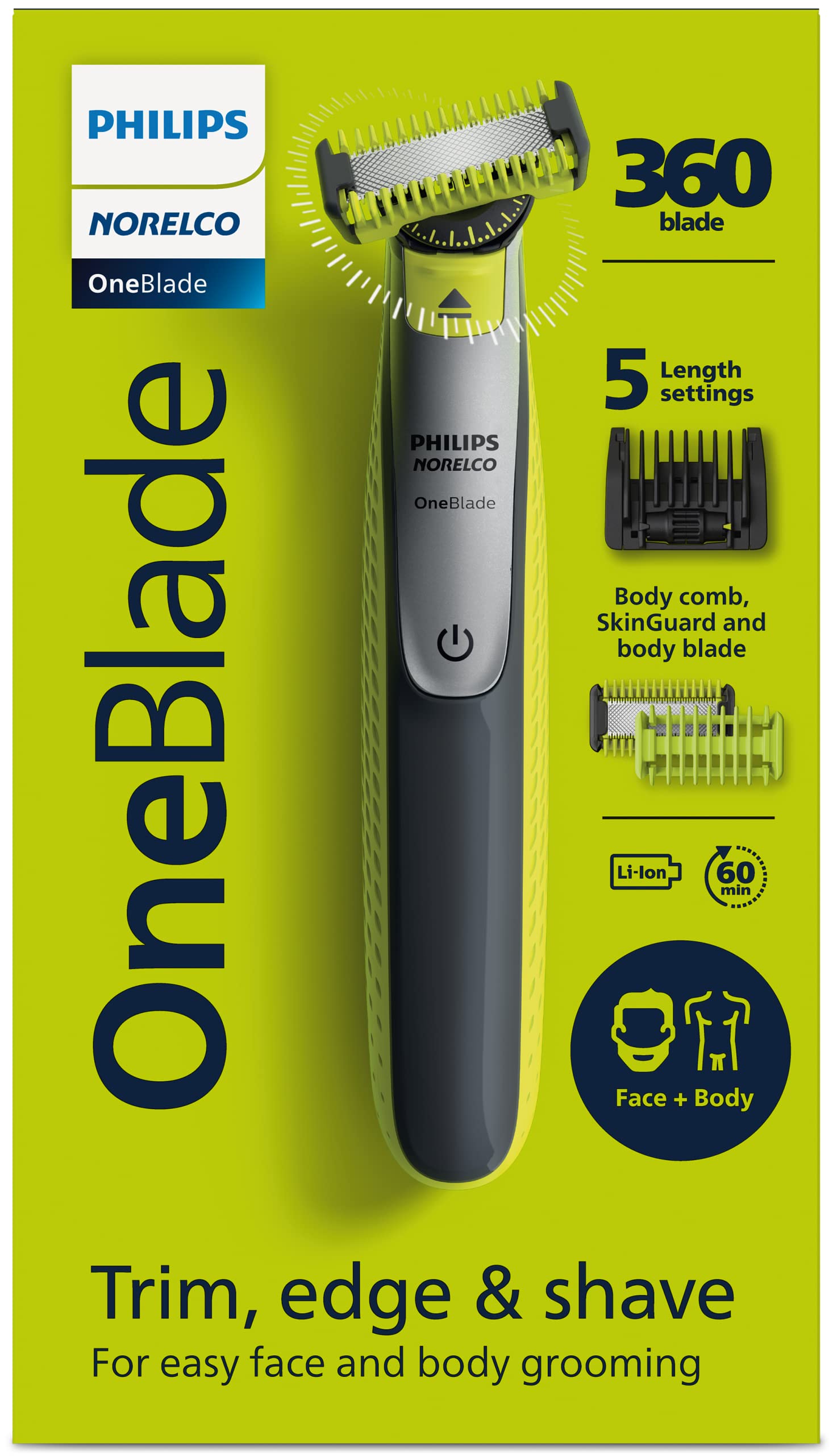 Philips Norelco OneBlade 360 Face + Body Hybrid Electric Trimmer and Shaver, QP2834/70
