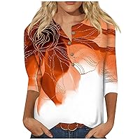 Ladies Tops and Blouses,Women Casual Summer 3/4 Sleeves Round Neck Top Button Retro Print T-Shirt Tops