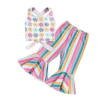 Toddler Girl Pants Sets Floral Summer Outfits Flower Backless Tank Top + High Waisted Striped Flare Pants Bell Bottoms