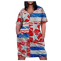 YUTANRAL Summer Dresses for Women 2023 Plus Size Beach Casual Short Sleeve V-Neck Boho Dress Fashion Print Midi Dress Pockets