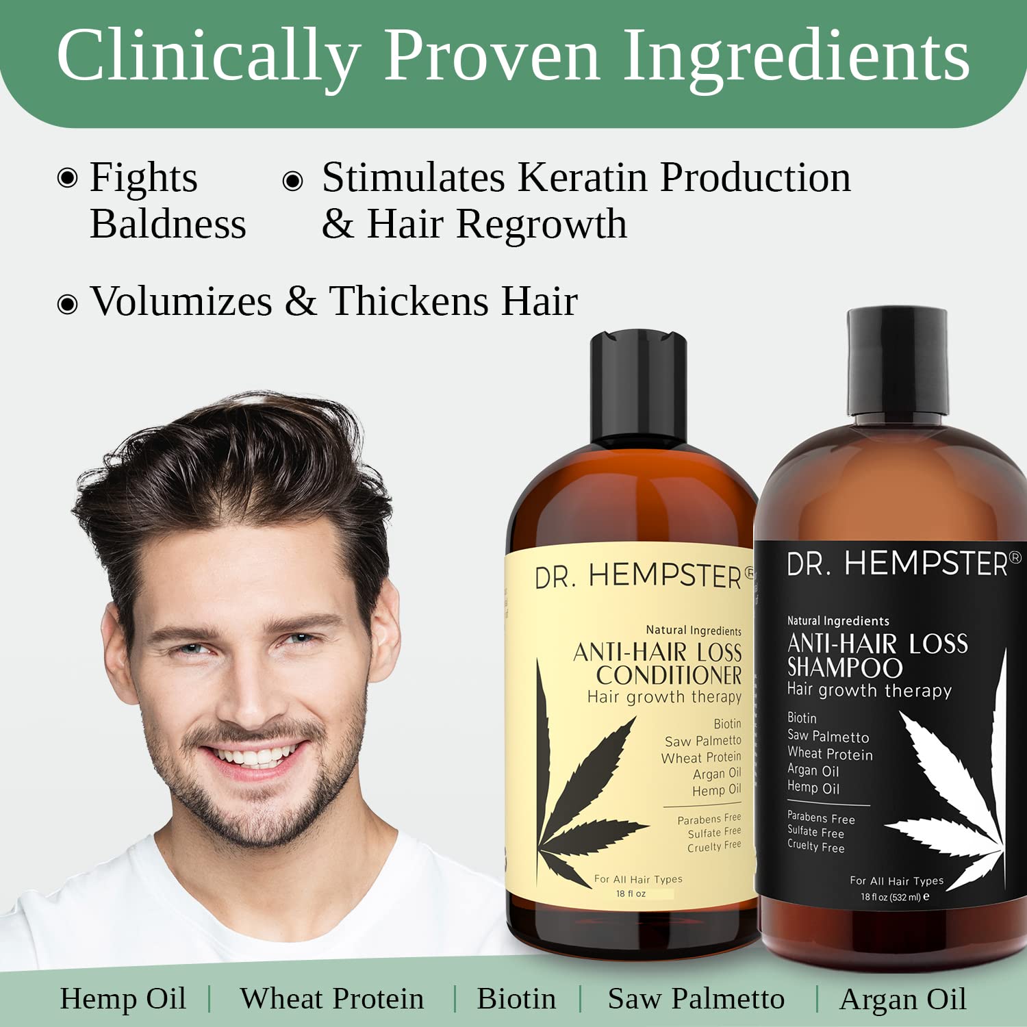Hair Growth Shampoo and Conditioner Set for Thinning Hair and Hair Loss for Men and Women 18 oz - Hemp Oil, Biotin, Natural and Organic Ingredients - Hair Thickening and Volumizing