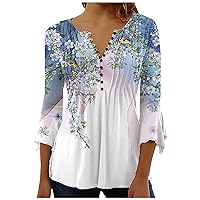 3/4 Sleeves Tops Womens Button Up Blouses Floral Striped Printed Shirt Tees Pleated V Neck Office Work Clothing