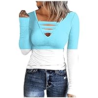 Gradient Shirts for Women V Neck Long Sleeve Tunic Tops Criss Cross Ribbed T-Shirt Fashion Girl Slim Fit Outfits