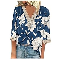 Womens 3/4 Sleeve Shirts Plus Size Loose Fit Blouses Trendy Bohemian Floral Graphic Tees Sexy Lace V Neck Summer Tops