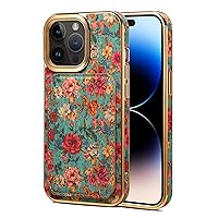 Cork Wood Case for iPhone 15 Pro,Bohemian Style Flower Language Plating Full Coverage Protection Bumper Cover with Non-Removable Card Pack