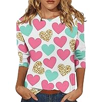 Valentines Day Fall Blouses for Women 2023 Women's Fall Three Quarter and Long Sleeve Crewneck Heart Printed Blouses
