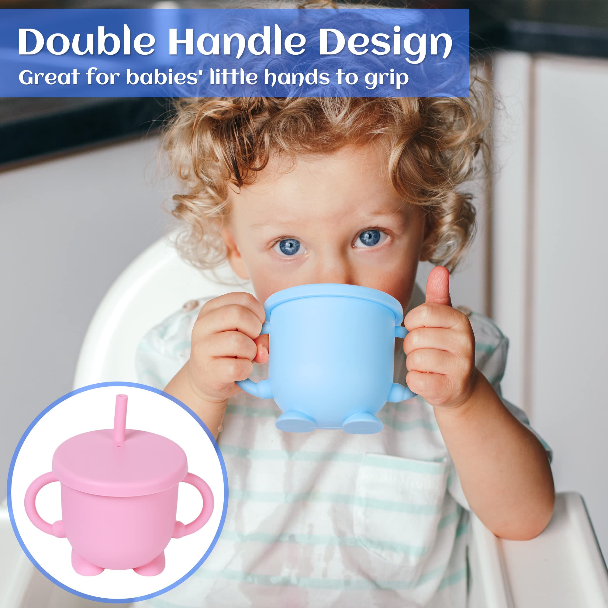 Mytium Snack Cups for Toddlers,2 in 1 Silicone Snack Cup+Straw with Adjustable Strap,2PCS No Spill Toddler Snack Containers Baby Training Cup for Toddler and Baby 6 Month+(Blue+Pink)