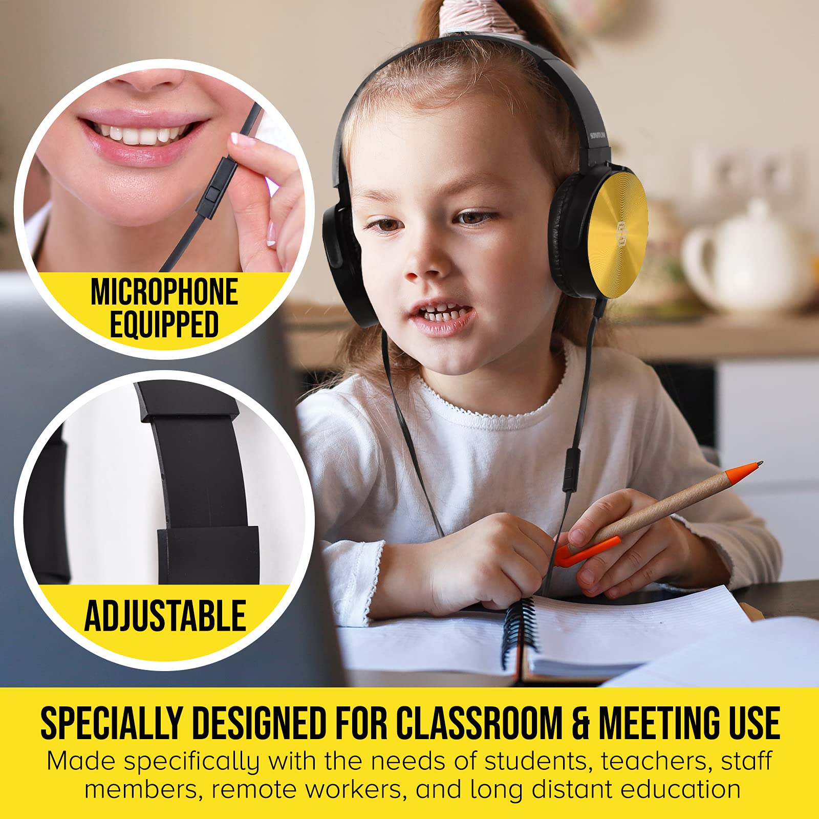 Premium Classroom Headphone with Microphone (5 Pack) - Kids Wired Earphones with Mic for School Students K-12 & Teachers, Soft Swivel On Ear Pads- Perfect for E-Learning, Meetings, Calls -(Colorful)
