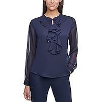 Tommy Hilfiger Women's Classic Long Sleeve Ruffle Front Blouse, Midnight, Large