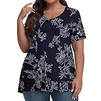 Plus Size Women's Tops Womens Plus Size Shirts Blouses for Women Dressy Casual Short Sleeve Shirts Print Tops Vintage Tees Cute Tunic Spring Clothes 11-Navy XX-Large