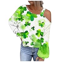 Womens St Patricks Day Shirt Long Sleeve Off The Shoulder Sexy Tops St. Patrick's Day Shamrock Print Casual Dressy Blouses