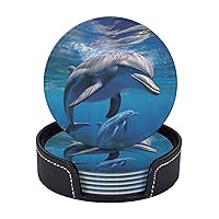 Dolphin Sea Animal Print Coasters Leather Drink Coasters Set of 6 Heat Resistant Bar Coasters with Storage Case Round Cup Mat Pad for Living Room Kitchen Office Gift