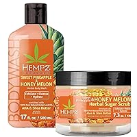 Pineapple & Melon Herbal Sugar Body Scrub (7.3 Oz) & Body Wash (17 Oz) - Natural Anti-Aging Exfoliating Shea Butter, Sugar, & Salt Scrub, Plus Exfoliating Body Wash - For Women, Men, & Teens