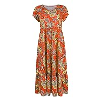 Women's Paisley Dress Short Sleeve Floral Maxi Long Dress Boho Flowy Casual Dresses