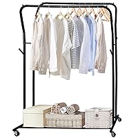 Double Rod Clothes Rack with Wheels,42 Inch Portable Rolling Coat Rack,Freestanding All-Metal Garment Rack,40 Pieces of Clothing MAX,for Hanging Clothes,Bags,Black