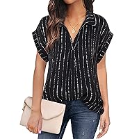 Womens Short Sleeve Blouses Collared V Neck Shirts Chiffon Summer Business Casual Tops