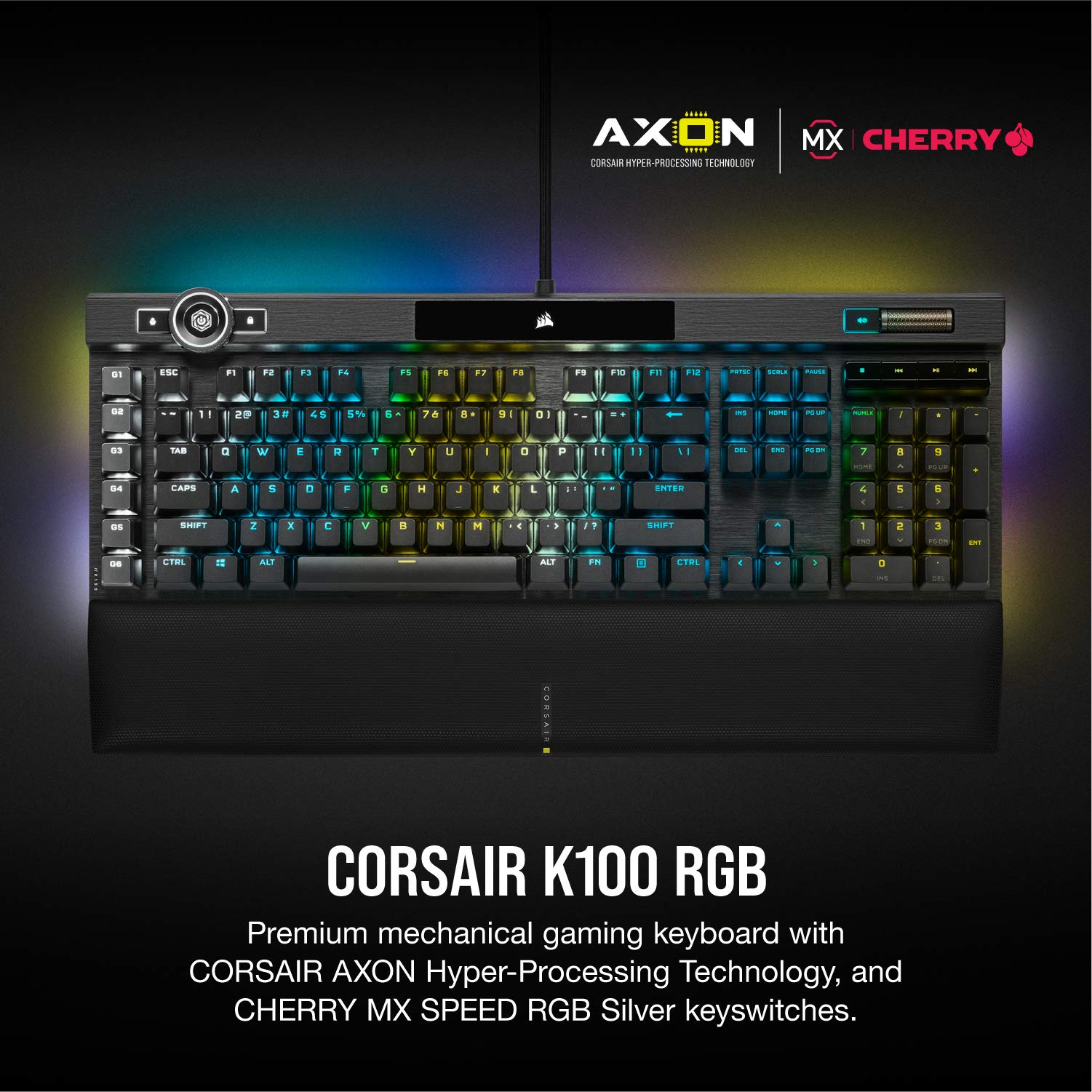 Corsair K100 RGB Mechanical Gaming Keyboard - Cherry MX Speed RGB Silver Keyswitches - 44-Zone RGB LightEdge - PBT Double-Shot Keycaps (Renewed)