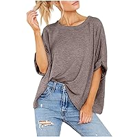 Women's Short Sleeve Blouse Dressy Solid Color Loose Top Summer Round Neck Casual T-Shirt V Neck Tee Shirts, S-3XL