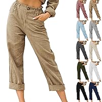 Women Linen Pants Summer Casual Capri Pants with Pockets Elastic Waist Wide Leg Cropped Pants Boho Beach Palazzo Pants