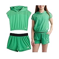 Reebok Girls' Shorts Set - 2 Piece Short Sleeve T-Shirt and Soft Woven Gym Shorts - Summer Athletic Set for Girls (7-12), Size 8, Sport Green
