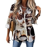 Collage of Coffee and Products Beans Women's Button Down Shirt Casual Long Sleeve Shirts Loose Fit Blouse Tops