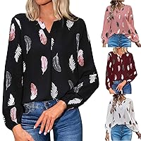 Women's Chiffon Blouse Long Sleeve Casual Work Shirt Elegant Feather Printed V Neck Loose Tunic Tops Office Wear