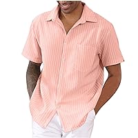 Texture Linen Button Down Shirts for Men Short Sleeve Hawaiian Tropical Shirts Fashion Stripe Summer Cuban Beach T Shirts