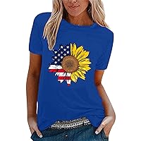 Patriotic Tops for Women Independence Day Sunflower Shirt 4th of July Short Sleeve O-Neck Tee Fashion Blouse