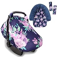 Car Seat Cover & Carseat Headrest Strap Covers for Babies, Summer Cozy Sun & Warm Cover, Purple Flower