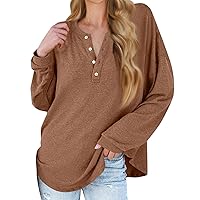 Women Long Sleeve V Neck Button Up Solid Tops Blouses Trendy Ribbed Shirts Tunic Pullover Plain T Shirts for Women