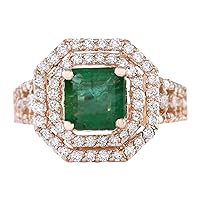 2.66 Carat Natural Green Emerald and Diamond (F-G Color, VS1-VS2 Clarity) 14K Rose Gold Engagement Ring for Women Exclusively Handcrafted in USA