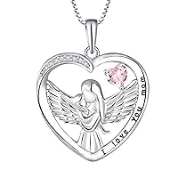 FJ Heart Mum Mother Daughter Necklace 925 Sterling Silver Guardian Angel Pendant Necklace with Birthstone Cubic Zirconia Jewellery Gifts for Mother Women