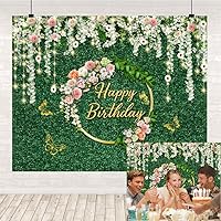 Greenery Birthday Backdrop Green Grass Wall Pink Flowers Girls Women Happy Birthday Party Background Photography Decoration Banner Photo Booth Props 10x8ft